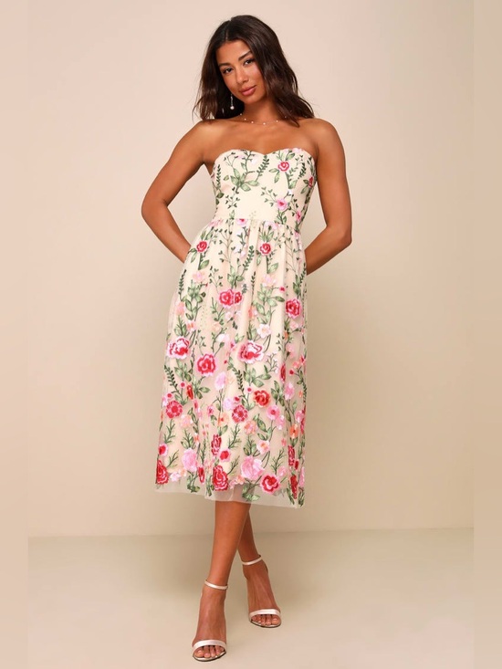 Lulus Dresses & Skirts - Lulu's Cream Strapless Midi Dress with Pink & Green Floral Embroidery